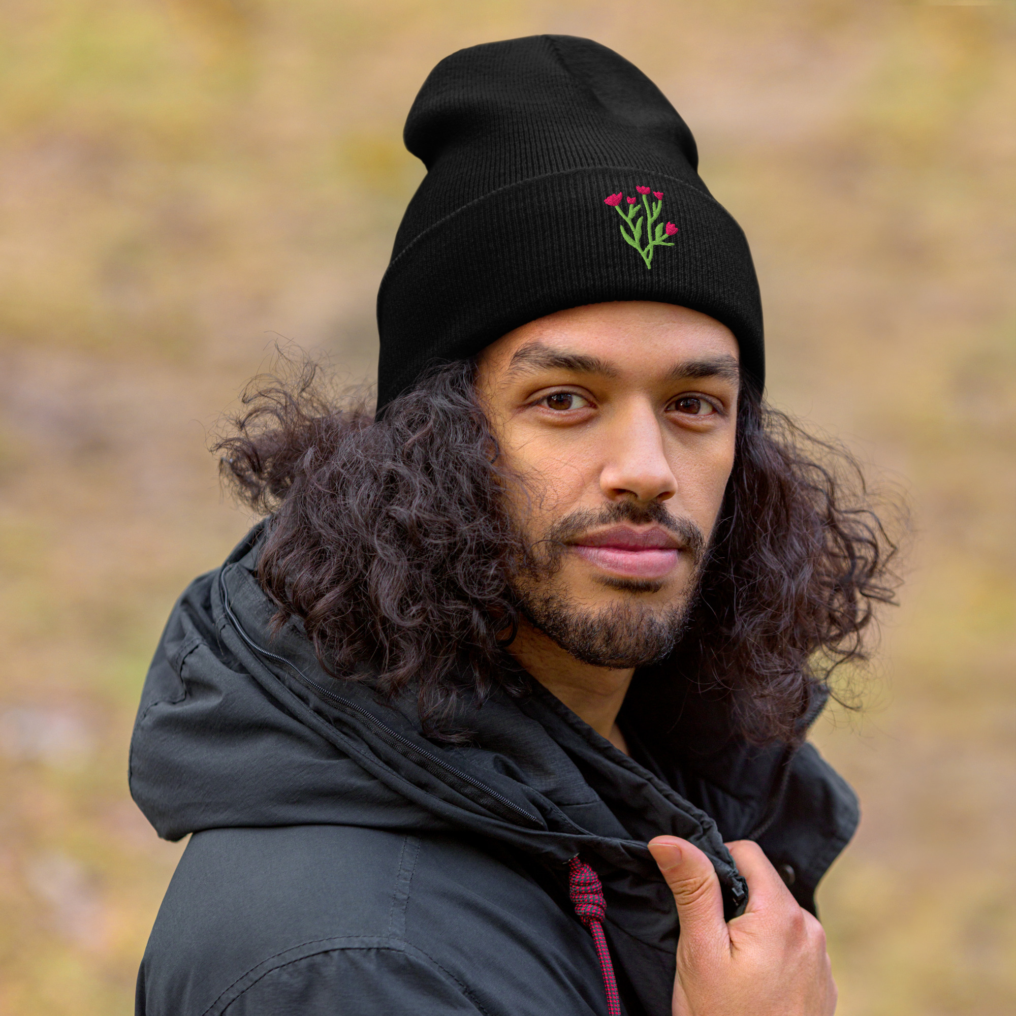 Floral Embroidered Cuffed Beanie