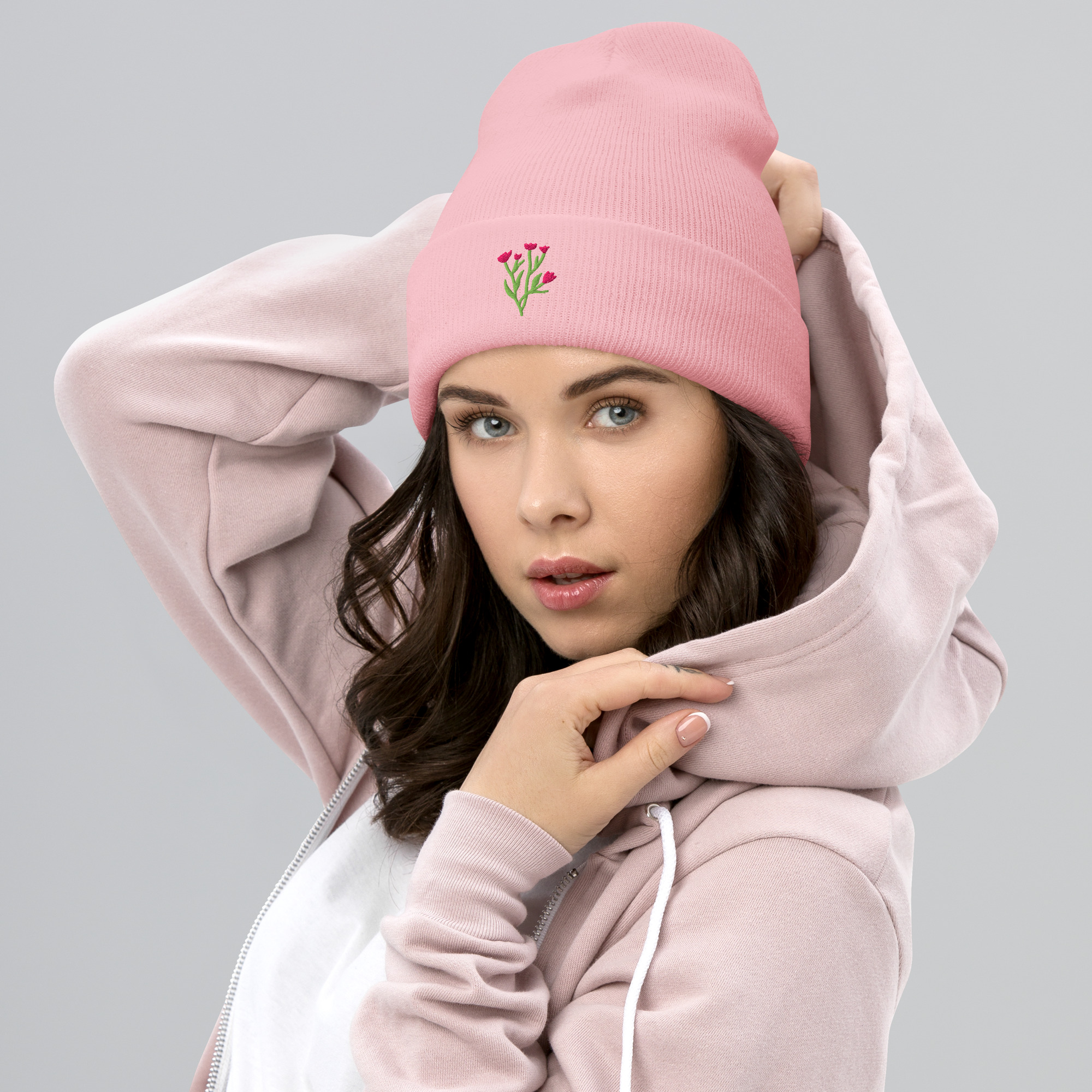 Floral Embroidered Cuffed Beanie