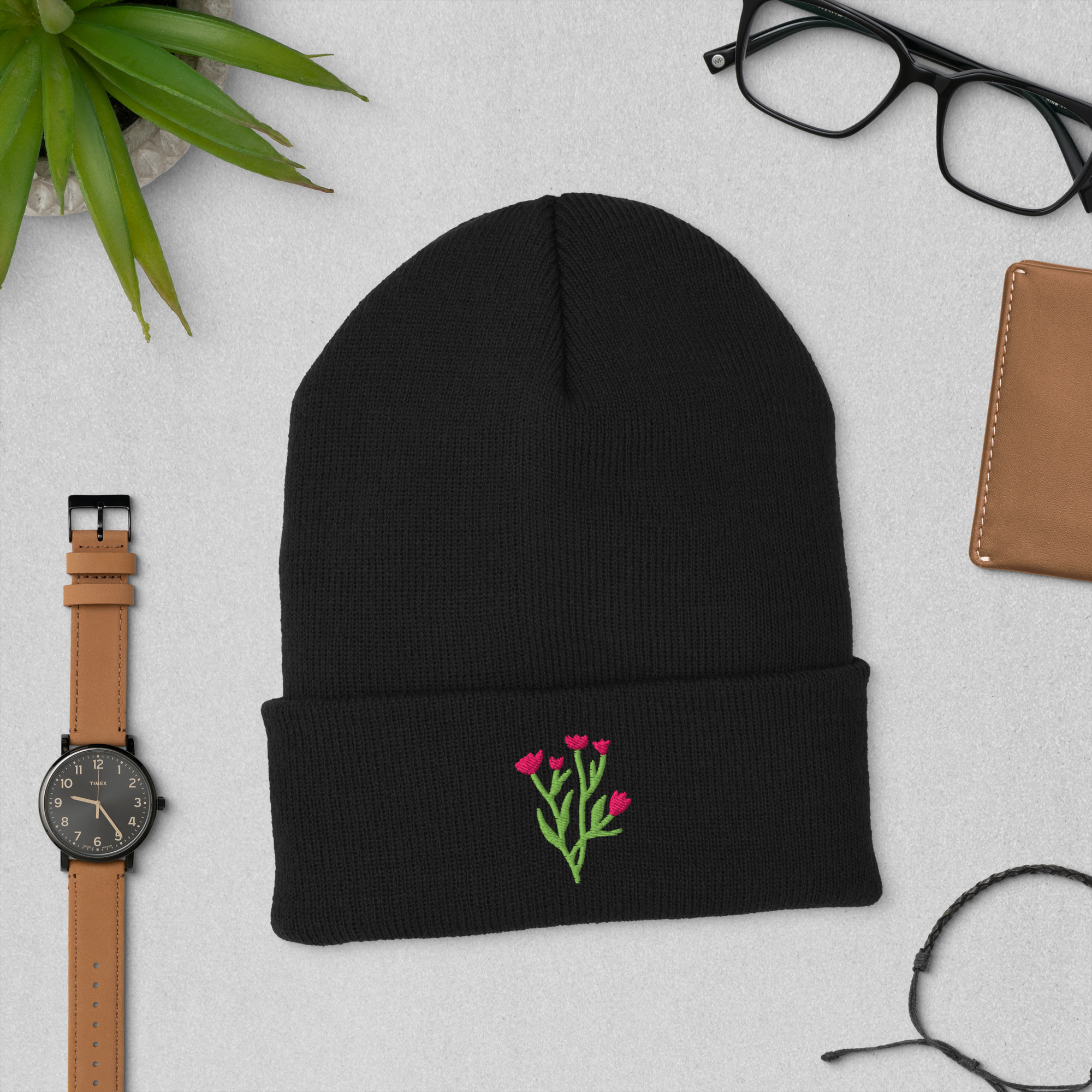 Floral Embroidered Cuffed Beanie