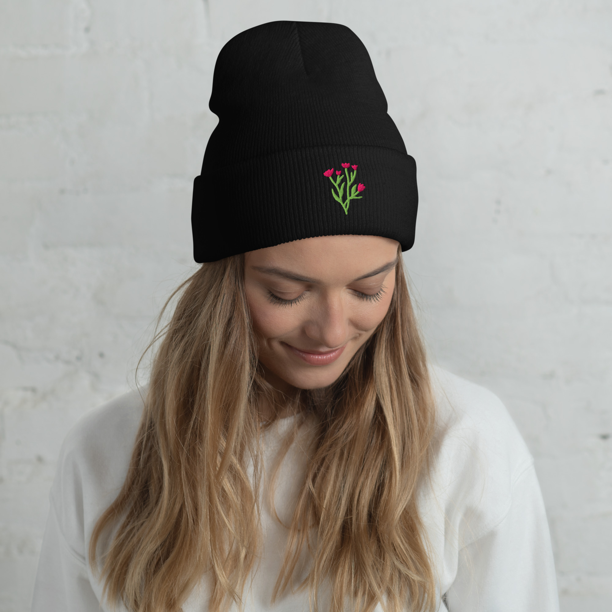 Floral Embroidered Cuffed Beanie